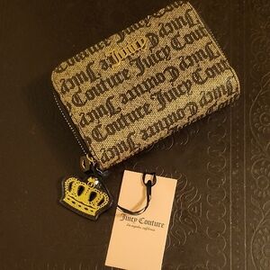 Juicy Couture Metallic Gold and Black Logo Zip Wallet with Crown Charm
